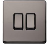 Loops 2 Gang Single Light Switch Screwless Black Nickel 2 Way 10A Metal Rocker Slim