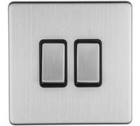 Loops 2 Gang Single Light Switch Screwless Satin Steel 2 Way 10A Metal Rocker Slim