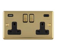 Loops 2-Gang Switched Double Uk Socket With Dual 3.1A Usb-C And Usb-A Polished Brass And Black