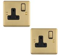 Loops 2-Pack 1-Gang 13A Switched Uk Socket Plate, Satin Brass Face With Black Insert