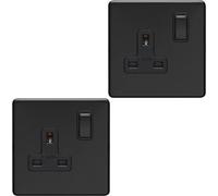 Loops 2 Pack 1 Gang Dp 13A Switched Uk Plug Socket Screwless Matt Black Wall Power