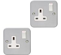 Loops 2 Pack 1 Gang Single 13A Switched Uk Plug Socket Heavy Duty Metal Clad Power