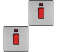 Loops 2 Pack 1 Gang Single 45A Dp Cooker Switch & Neon Screwless Satin Steel Rocker