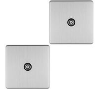 Loops 2 Pack 1 Gang Single Tv Coaxial Aerial Socket Screwless Satin Steel Wall Plate