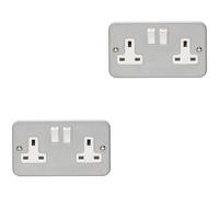 Loops 2 Pack 2 Gang Double 13A Switched Uk Plug Socket Heavy Duty Metal Clad Power