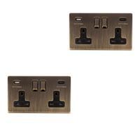 Loops 2 Pack 2 Gang Double 13A Uk Plug Socket & 2X 3.1A Usb-C Screwless Antique Brass