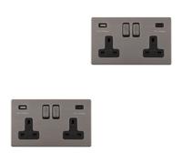 Loops 2 Pack 2 Gang Double 13A Uk Plug Socket & 2X 3.1A Usb-C Screwless Black Nickel