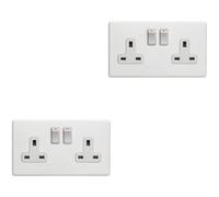 Loops 2 Pack 2 Gang Double Dp 13A Switched Uk Plug Socket Screwless Matt White Power