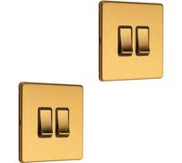 Loops 2 Pack 2 Gang Double Light Switch Screwless Satin Brass 2 Way 10A Slim Rocker