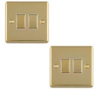 Loops 2-Pack 2-Gang Double Light Switches Polished Brass With White Trim & Metal Rocker, 10A 2-Way