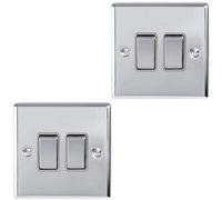 Loops 2 Pack 2 Gang Double Metal Light Switch Polished Chrome 2 Way 10A Grey Trim