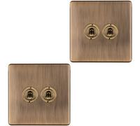 Loops 2 Pack 2 Gang Double Retro Toggle Light Switch Screwless Antique Brass 10A 2 Way