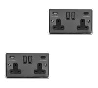 Loops 2 Pack 2 Gang Double Uk Plug Socket & Dual 3.1A Usb-C Black Nickel 13A Switched
