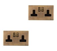 Loops 2 Pack 2 Gang Dp 13A Switched Uk Plug Socket Screwless Antique Brass Wall Power