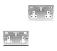 Loops 2 Pack 2 Gang Uk Plug Socket & 2X 3.1A Usb-C & A Satin Steel & White 13A Switch