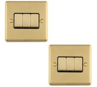 Loops 2 Pack 3-Gang Satin Brass Triple Light Switch With Black Trim & Metal Rocker 10A