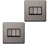 Loops 2 Pack 3 Gang Triple Light Switch Screwless Black Nickel 2 Way 10A Slim Rocker