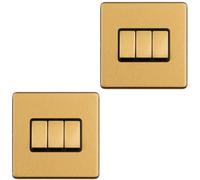 Loops 2 Pack 3 Gang Triple Light Switch Screwless Satin Brass 2 Way 10A Slim Rocker