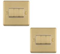 Loops 2-Pack 3-Gang Triple Light Switches Satin Brass With White Trim, Metal Rocker, 2-Way 10A
