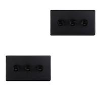 Loops 2 Pack 3 Gang Triple Retro Toggle Light Switch Screwless Matt Black 10A 2 Way
