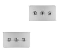 Loops 2 Pack 3 Gang Triple Retro Toggle Light Switch Screwless Satin Steel 10A 2 Way