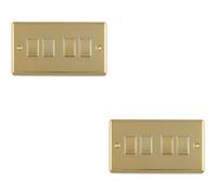 Loops 2 Pack 4-Gang Polished Brass Quad Light Switch With White Trim And Metal Rockers 10A Fits Double Uk Backbox