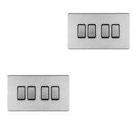 Loops 2 Pack 4 Gang Quad Light Switch Screwless Satin Steel 2 Way 10A Slim Rocker