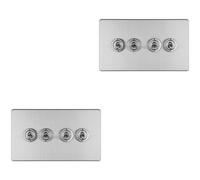 Loops 2 Pack 4 Gang Quad Retro Toggle Light Switch Screwless Satin Steel 10A 2 Way