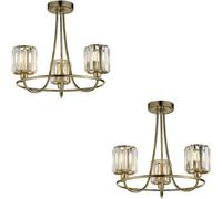 Loops 2 Pack Antique Brass Semi Flush Low Ceiling Light - Clear Multi Arm Glass - 3 X 6W Led E14