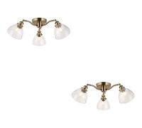 Loops 2 Pack Antique Brass Semi Flush Low Ceiling Light - Clear Multi Arm Glass - 3 X 7W Led E14