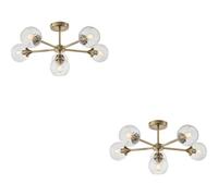 Loops 2 Pack Antique Brass Semi Flush Low Ceiling Light - Clear Spiral Multi Arm Glass - 6 X 7W Led E14