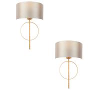 Loops 2 PACK Antique Gold Leaf Wall Light & Mink Satin Shade Dimmable Filament Lamp Loops Multicolor