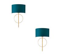 Loops 2 PACK Antique Gold Leaf Wall Light & Teal Satin Shade Dimmable Filament Lamp Loops Multicolor