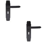 Loops 2 Pack - Art Deco Internal Latch Door Handle - Matt Black Lever On Backplate Reeded