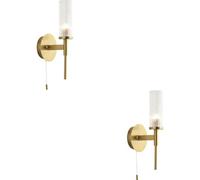 Loops 2 Pack Bathroom Satin Brass Plate Wall Light - Clear Ribbed Glass Shade - Non-Dimmable 3W Led G9