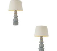 Loops 2 Pack Blue Grey Glaze & Satin Nickel Plate Table Lamp - Ivory Linen Fabric - 660mm Tall Light