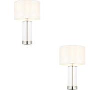 Loops 2 Pack Bright Nickel Plate & Clear Glass Table Lamp - Vintage White Fabric - 440mm Dimmable Tall Light