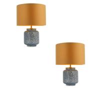 Loops 2 PACK Cobalt Glass Base Table Lamp Light & Gold Fabric Shade - Antique Brass