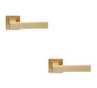 Loops 2 Pack - Contemporary Flat Door Handle Set - Satin Brass Sleek Lever On Square Rose