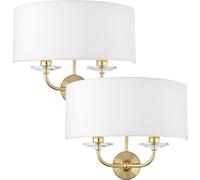 Loops 2 PACK Dimmable Twin Wall Light Brass Glass White Fabric Shade Curved Arm Lamp Loops White