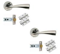 Loops 2 PACK - Door Handle & Latch Pack Set- Chrome Curved Flaired Lever Screwless Round Rose Kit