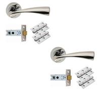 Loops 2 Pack - Door Handle & Latch Pack Set- Chrome Curved Flaired Lever Screwless Round Rose Kit