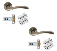 Loops 2 PACK - Door Handle & Latch Pack Set- Chrome Curved Square Lever Screwless Round Rose Kit