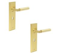 Loops 2 Pack Elegant Satin Brass Door Handle Lock Backplate For Modern Homes - Solid Brass Interior Lever
