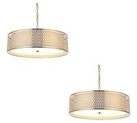 Loops 2 Pack Hanging Ceiling Pendant Light - Gold Effect Plate White Fabric & Frosted Glass - 3 X 10W Led E27