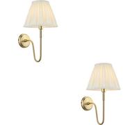 Loops 2 Pack Indoor Antique Brass Plate Wall Light - Cream Fabric Shade - Dimmable 10W Led E27