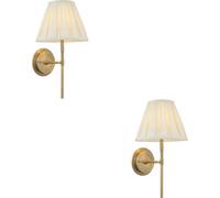 Loops 2 Pack Indoor Antique Brass Plate Wall Light - Cream Fabric Shade - Dimmable 6W Led E14