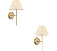 Loops 2 Pack Indoor Antique Brass Plate Wall Light - Ivory Silk Shade - Dimmable 6W Led E14