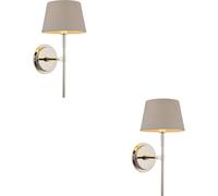 Loops 2 Pack Indoor Bright Nickel Plate Wall Light - Grey Linen Mix Fabric Shade - Dimmable 6W Led E14