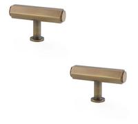Loops 2 Pack - Industrial Hex T Bar Cabinet Door Knob - 55mm X 38mm - Antique Brass Pull Handle
